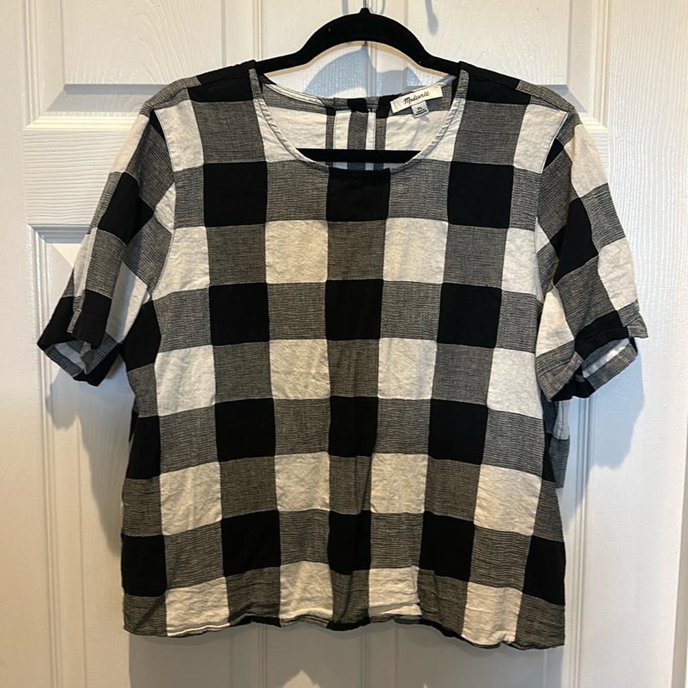 Madewell Short Sleeved Top - Black and White Plaid - Size XL